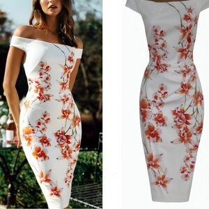 Karen Millen White and Orange Floral Midi Dress